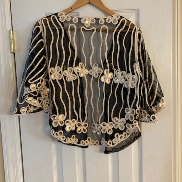 Simple Couture Women's Black Sheer Gold Sequins Decorative Ribbons Top Jacket L - Picture 7 of 9